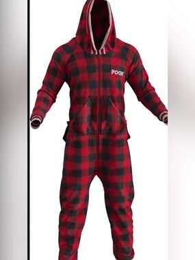 Pook Red and Black Plaid Adult Hooded One-Piece Pajamas Medium